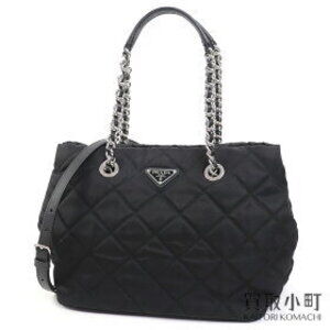 Prada Tessuto Triangle Quilted Nylon Chain Tote Bag Black Logo
